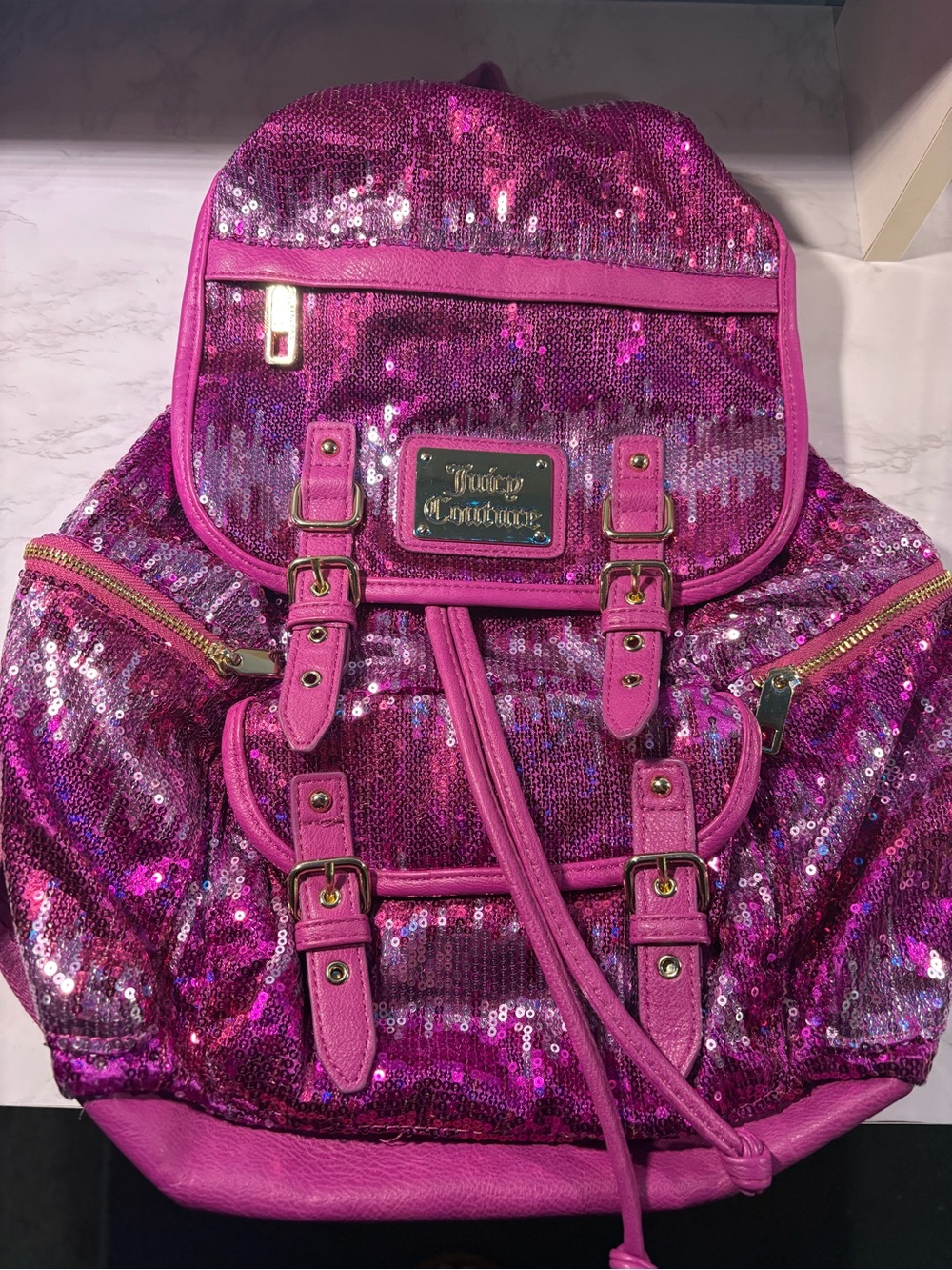 Juicy Couture Hot Pink Sequin Backpack with Gold Hardware